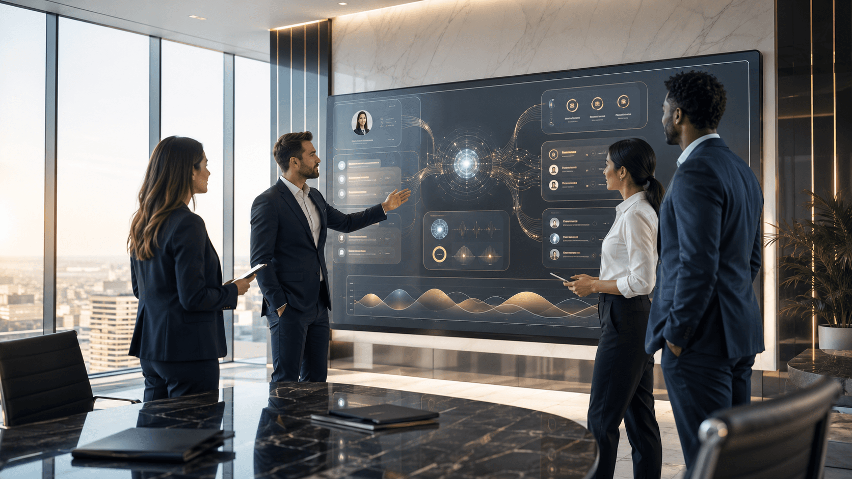 A business team reviewing an AI operations dashboard together in a modern Cazira.ai workspace